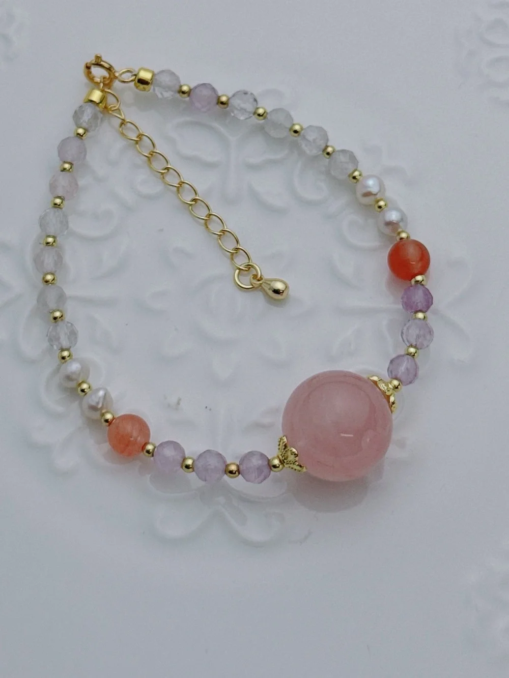 Handmade Rose Quartz Amethyst Freshwater Pearl Bracelet 6+2” GB93